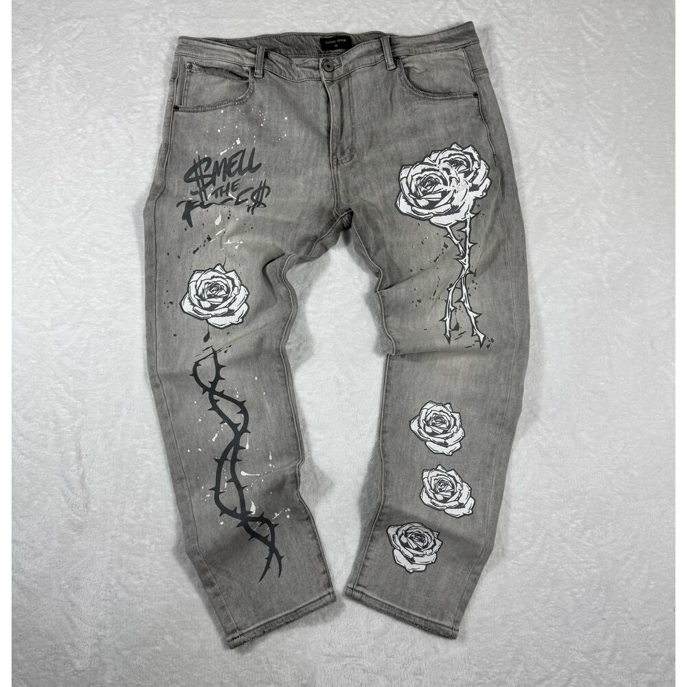 Capital Denim The Poser Jeans "Smell The Roses" Gray Mens 42 Graffiti Streetwear